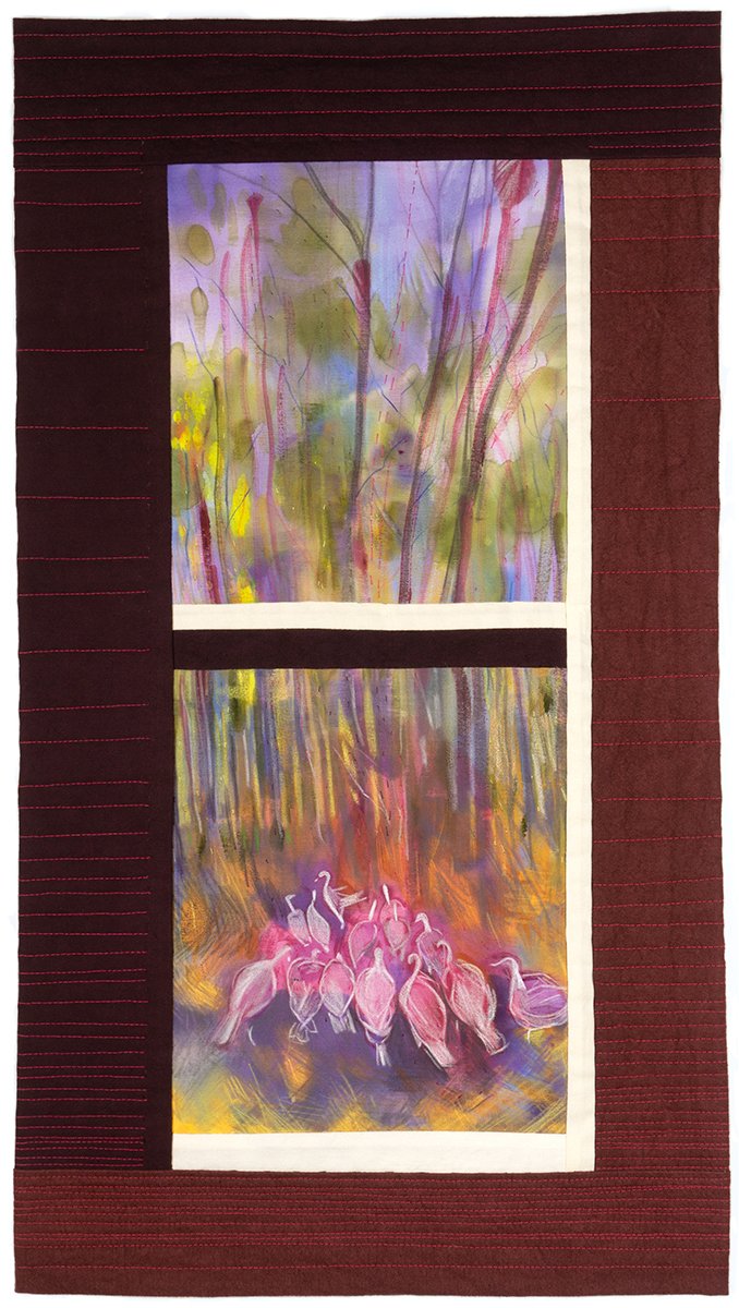 Ghost Flock in the South Window, 2026

Acrylic, colored pencil, thread embroidery on hand dyed canvas and cotton (quilt) 

23.5"x15"