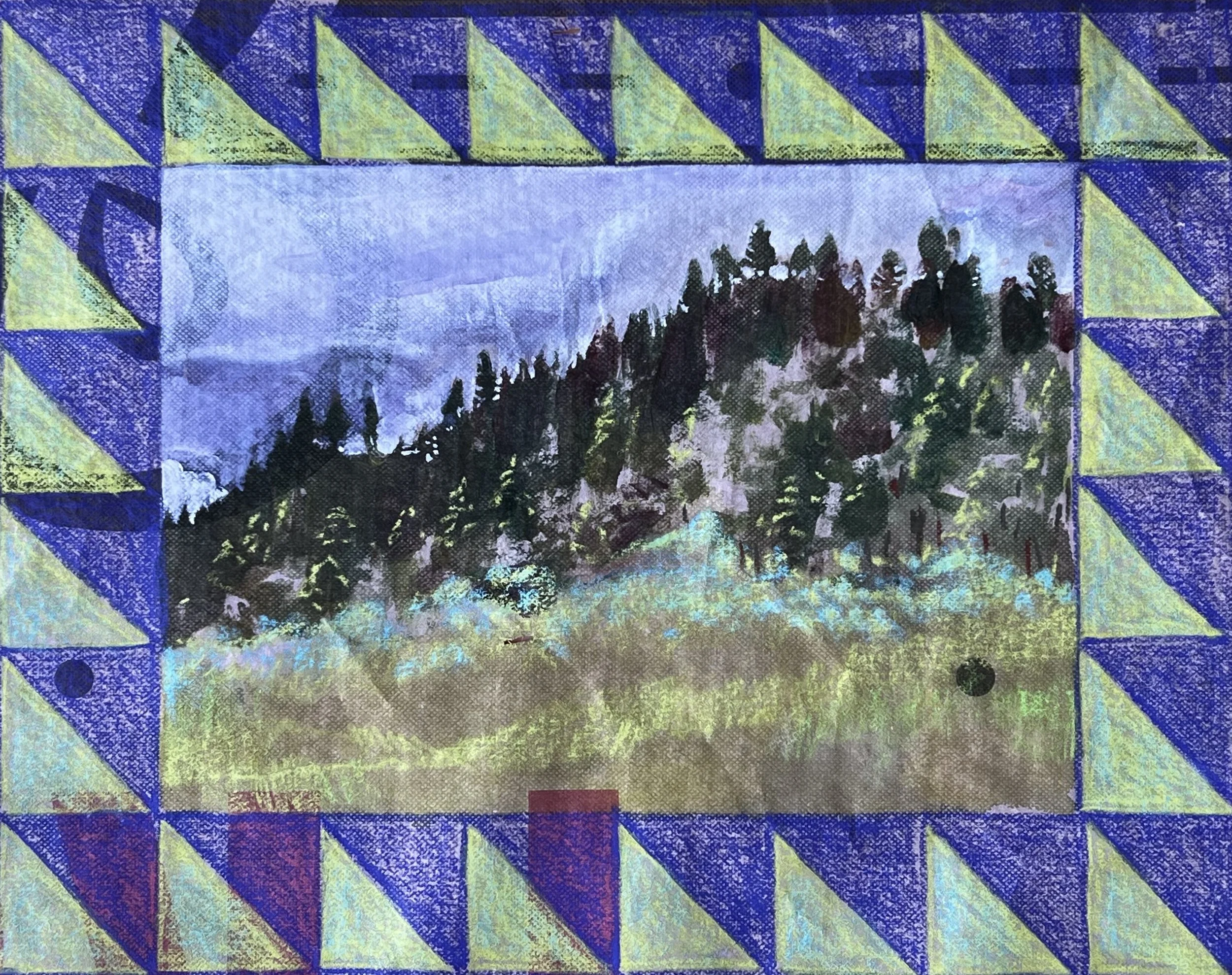 Acrylic and watercolor crayon on salvaged house wrap (polyolfin) 2026, 13"x16"