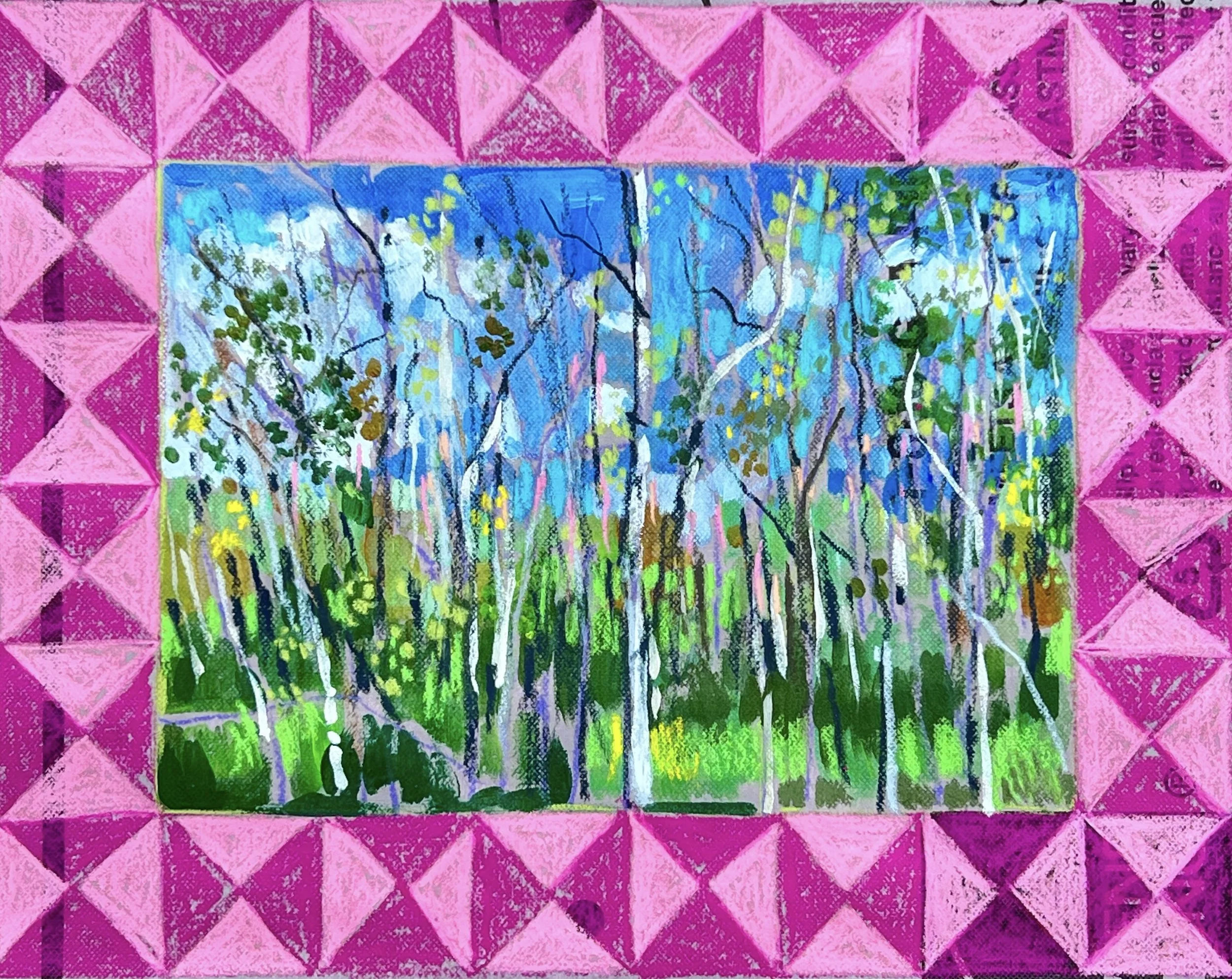 Acrylic and watercolor crayon on salvaged house wrap (polyolfin) 2026, 13"x16"
