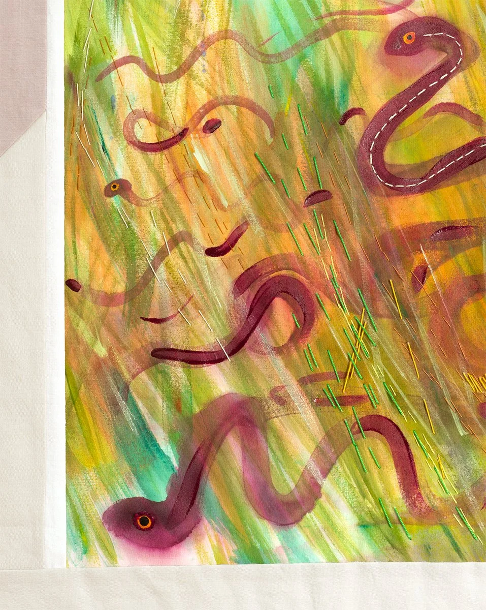 Detail of lower window pane with snakes, grass and cotton embroidery