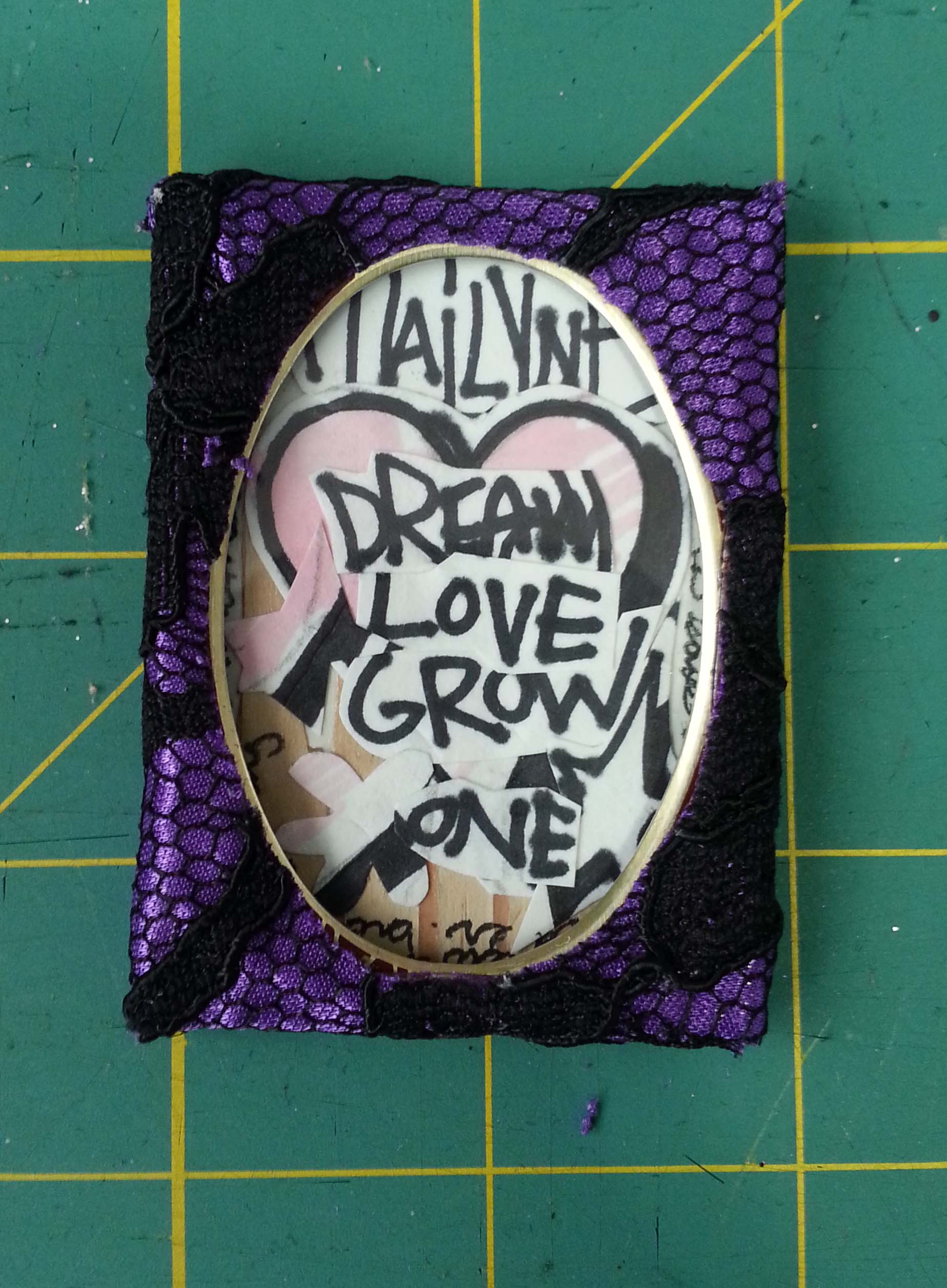 A mini frame from old art supplies, fabric scraps from my bestie, birch bark from my cottage with a personal message from myself to myself and a love letter sent to me when I lived in the Philippines. 