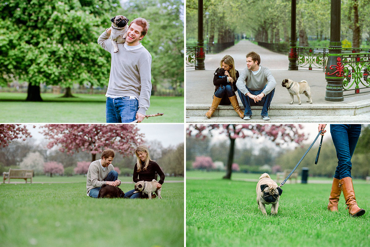 Young couple with their dog in the park, Battersea, London