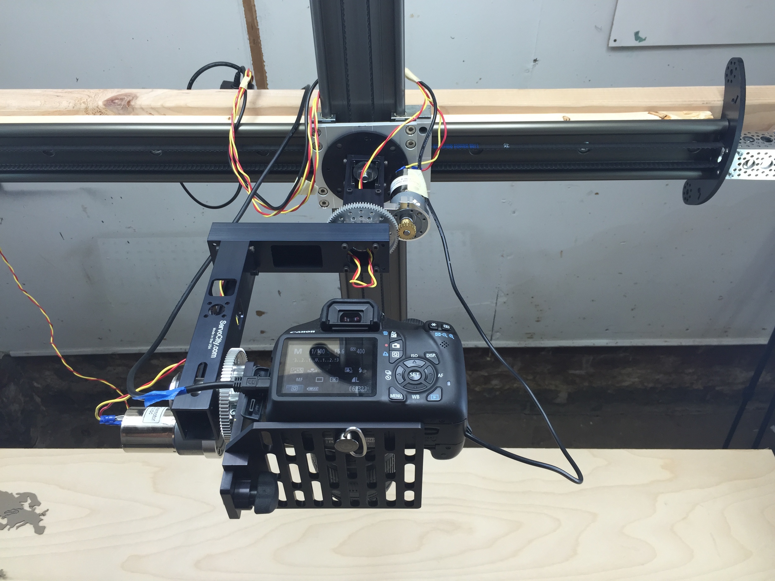 Close up of camera rig for shooting motion shots.