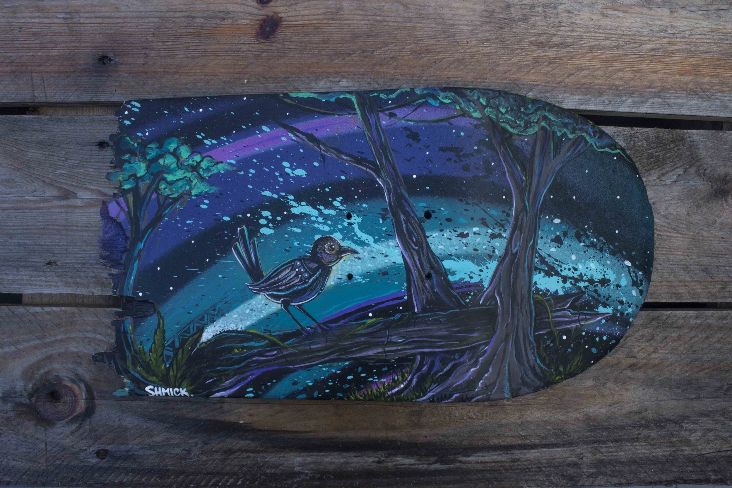 Little Bird - Spray paint and acrylic on broken skateboard