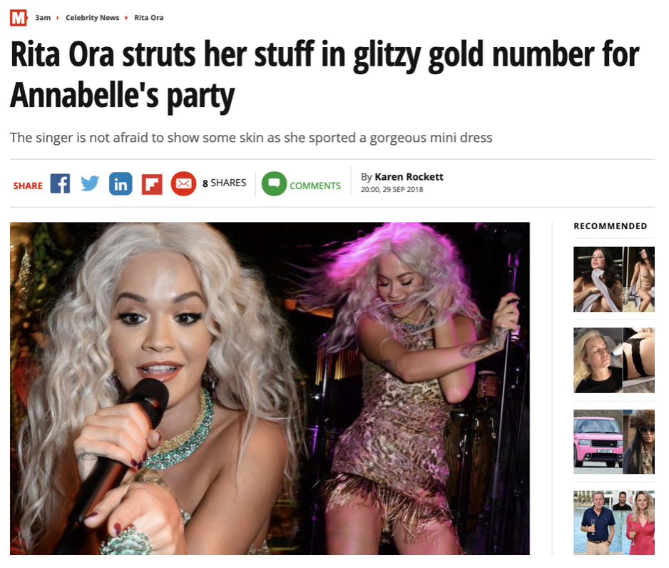 Rita Ora in bespoke Olivia Deur, Mirror, September 2018