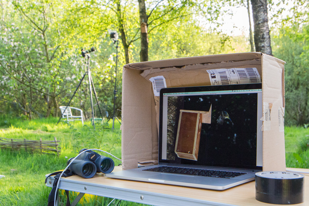 tethered laptop with carboard sun shade