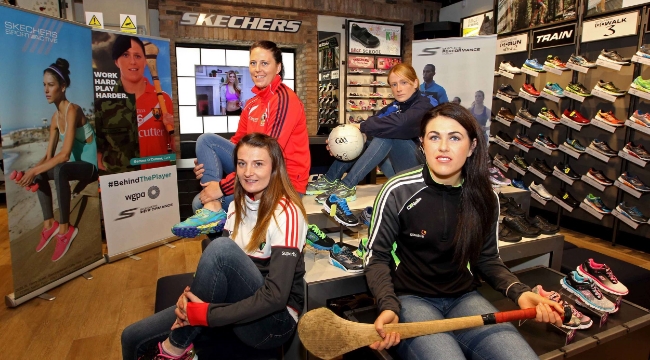 Launch of the WGPA and Skechers partnership, supporting the WGPA Player of the Month, at Skechers, Opera Lane, Cork. Annie Walsh, Cork Senior Ladies Football, Gemma O’Connor, Cork Senior Ladies Camogie, Grainne Kenneally, Waterford Ladies Football and Muiriam Walsh, Kilkenny Ladies Camogie. Picture: Jim Coughlan.