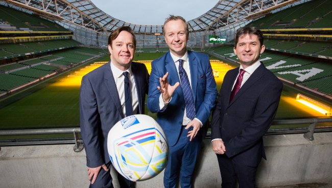(Left to Right) Pat Kiely (TV3), Matt Cooper and John Trainor (Onside) at Rugby World Cup Breakfast Briefing