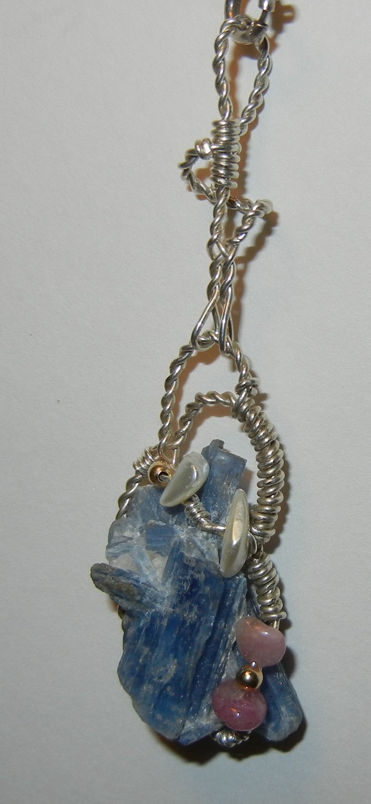 Kyanite Cluster, Pink Tourmaline, Fresh Water Pearl, Sterling Silver Wire and Gold-filled Beads