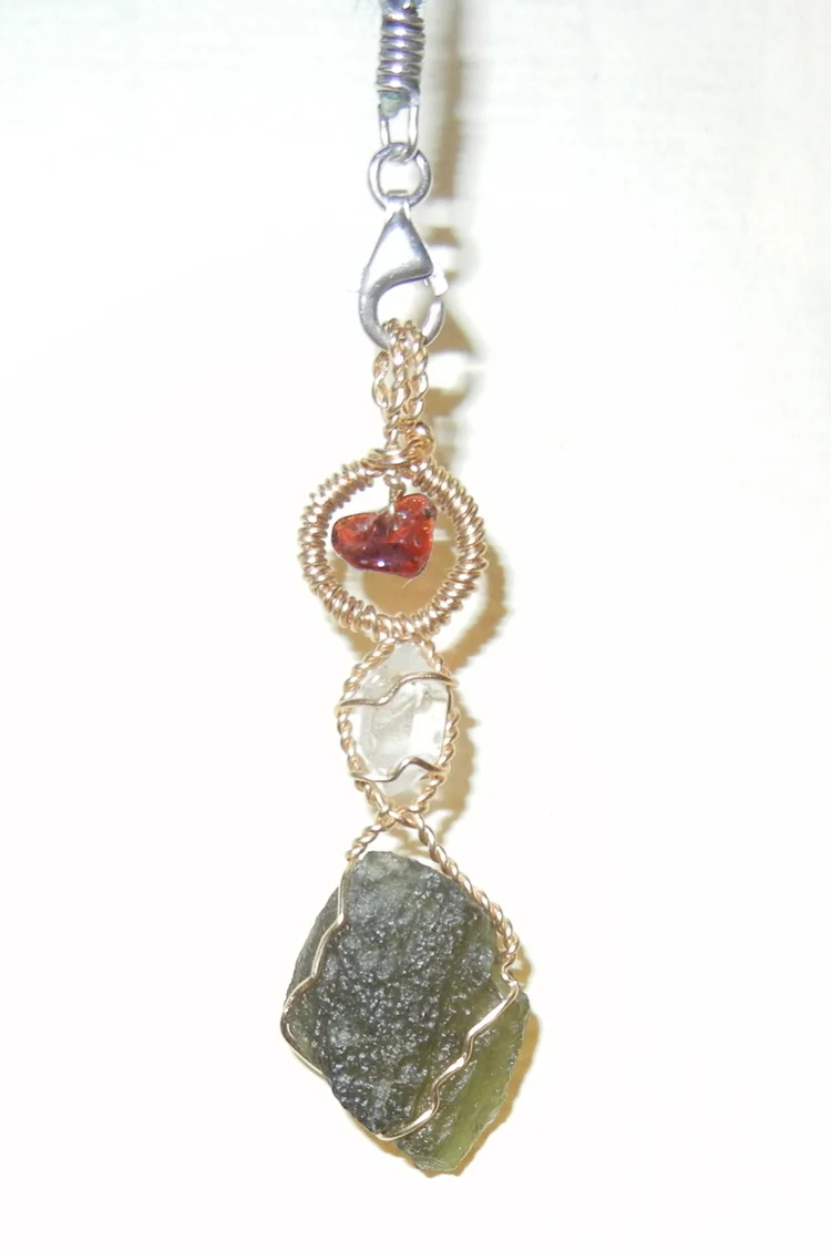 Moldavite, Herkimer diamond, garnet and gold filled beads and wire