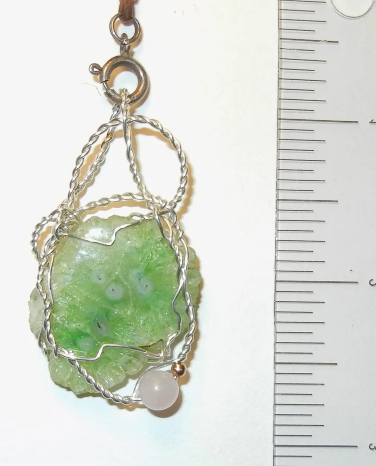 Solar quartz --green with rose quartz bead, gold filled bead and sterling silver wire