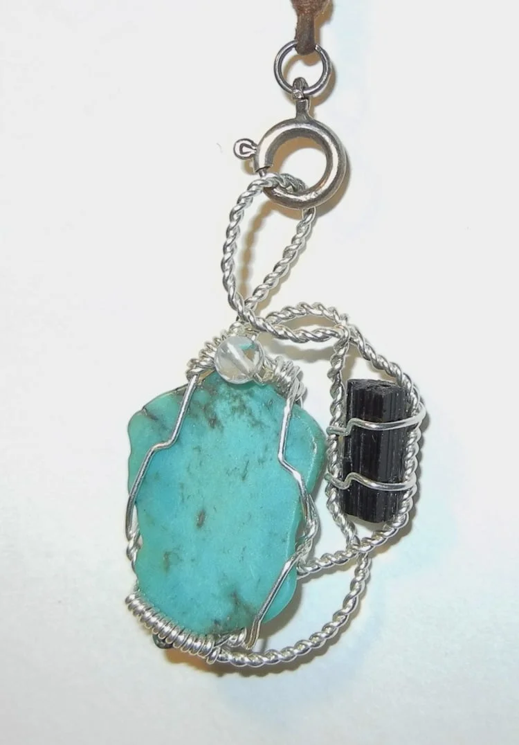 Turquoise, black tourmaline,clear quartz bead and sterling silver