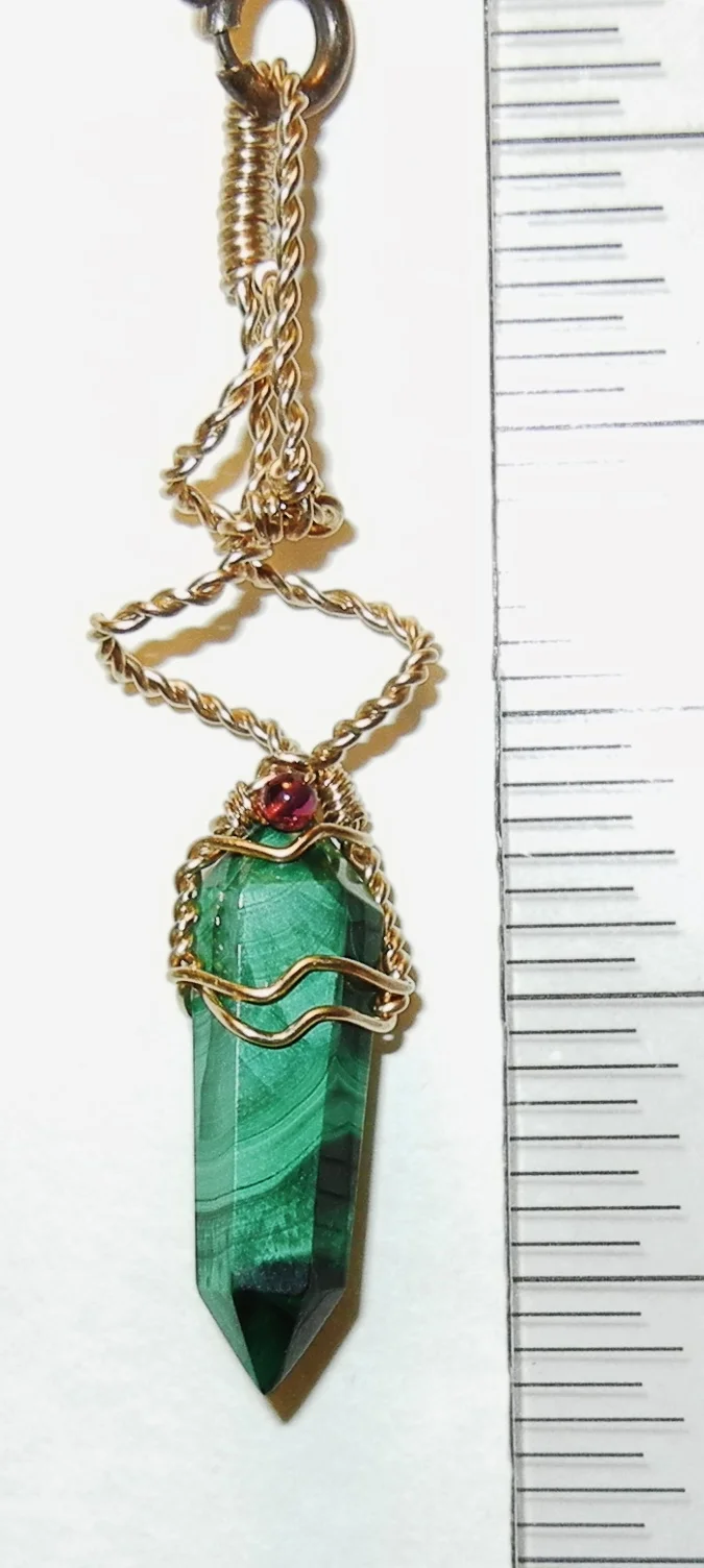Cut and Polished Malachite with Garnet and Gold-Filled wire