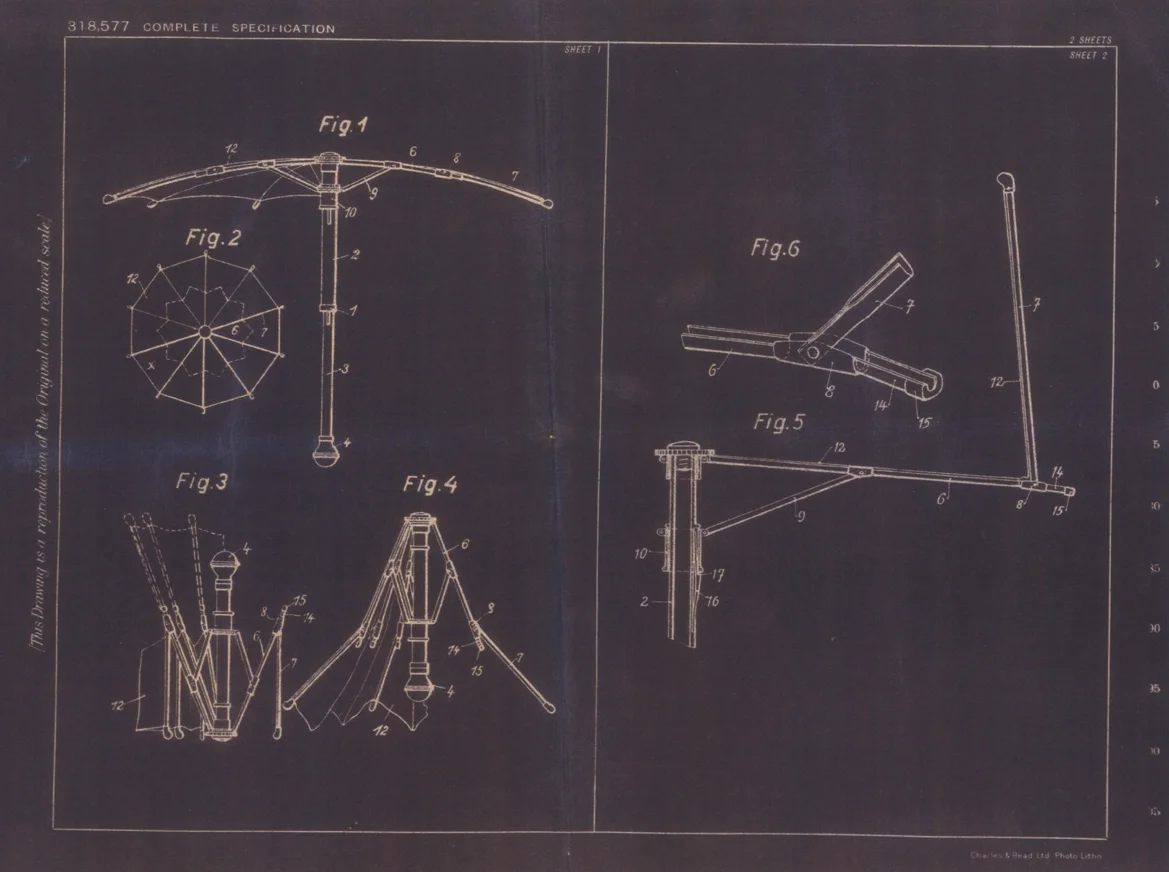 SLAWA HOROWITZ, PATENT SPECIFICATION 318, 577, SEP 19, 1929, (‘IMPROVEMENTS IN OR RELATING TO FOLDABLE UMBRELLAS AND THE LIKE’), (DETAIL) © 2014 THE DULDIG GALLERY
