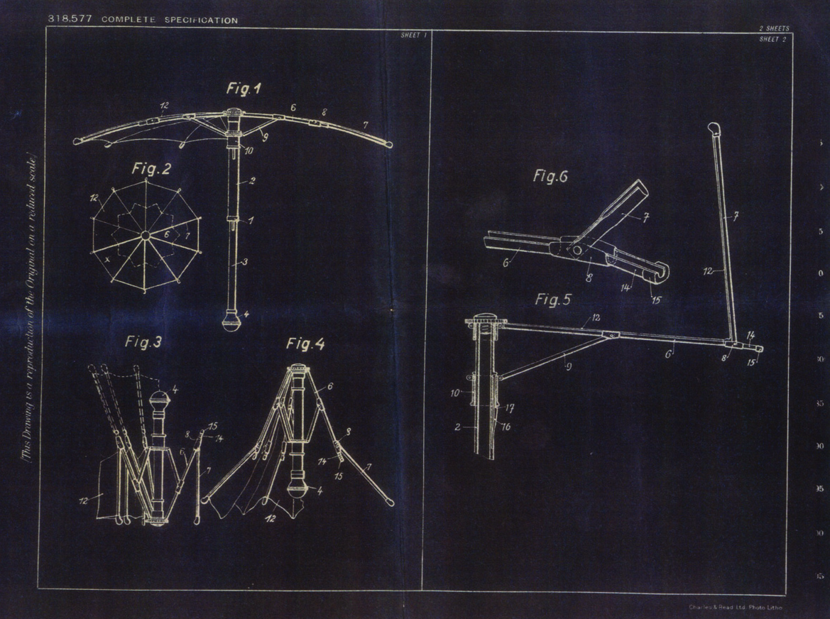 SLAWA HOROWITZ, PATENT SPECIFICATION 318, 577, SEP 19, 1929, (‘IMPROVEMENTS IN OR RELATING TO FOLDABLE UMBRELLAS AND THE LIKE’), (DETAIL) © 2014 THE DULDIG GALLERY