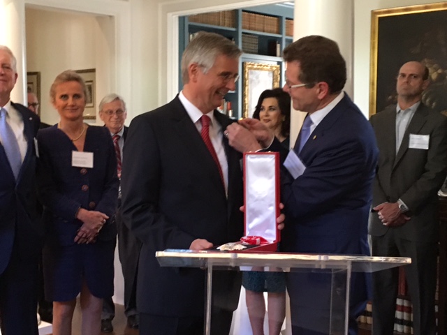 Ambassador Waldner presents German Consul General Rünger with Austrian Grand Decoration of Honour in Silver with Sash for Services to the Republic of Austria