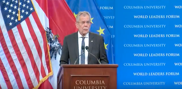  President Alexander Van der Bellen holds a speech at Columbia University’s World Leaders Forum  