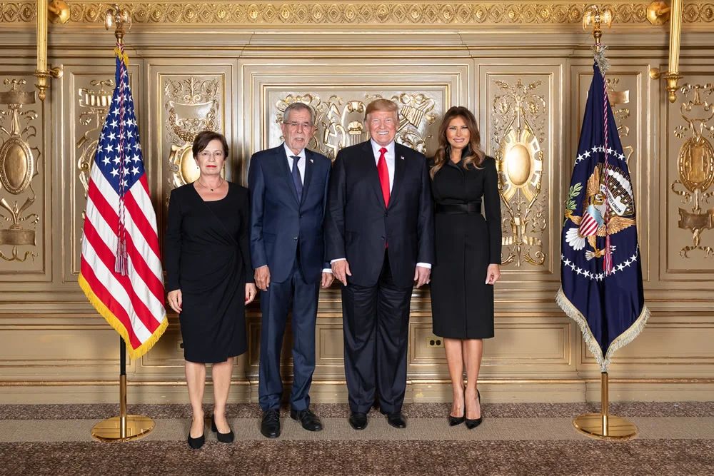 President Donald J. Trump and First Lady Melania Trump stand with His Excellency Alexander van der Bellen, Federal President of Austria, and First Lady of Austria Doris Schmidauer during a photo opportunity prior to the Diplomatic Reception Monday, Sept. 24, 2018, at the Lotte New York Palace in New York. (Official White House Photo by Andrea Hanks)