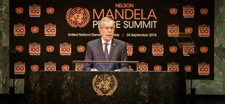 Federal President Alexander Van der bellen delivers opening remarks at the Nelson Mandela Peace Summit . (c) Peter Lechner/HBF