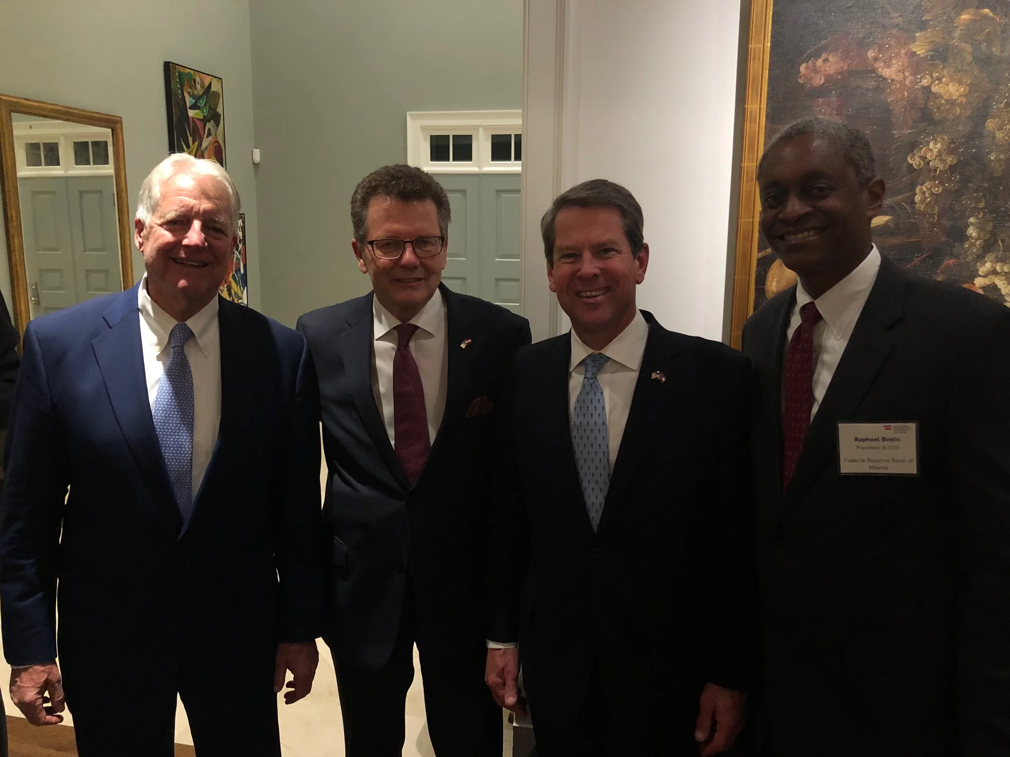 Reception at the Residence of the Austrian Honorary Consul from left: Austrian Honorary Consul General Ferdinand C. Seefried, Ambassador Waldner, Georgia Governor-elect Brian Kemp, and Atlanta Federal Reserve Bank President Raphael Bostic