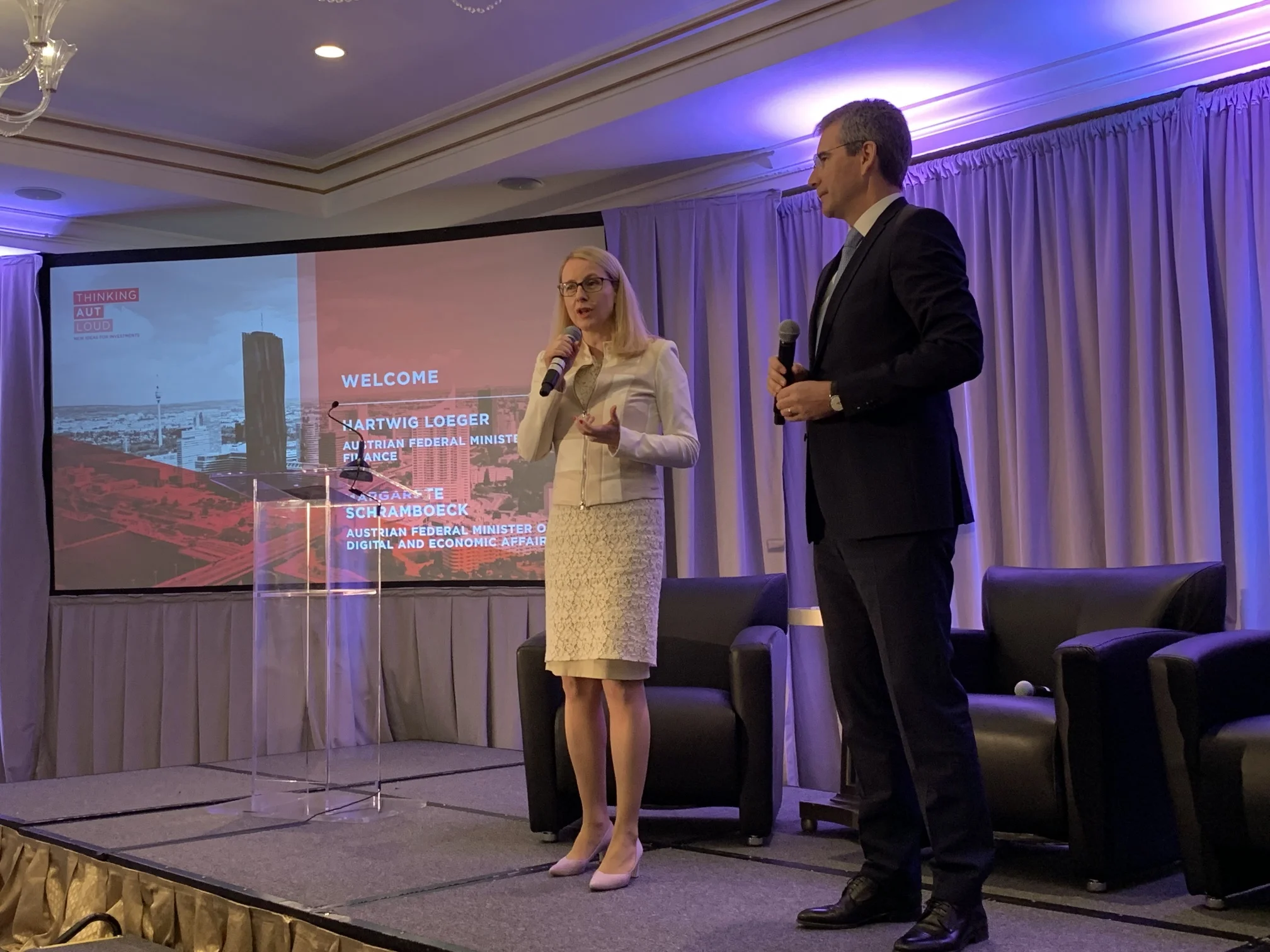 Austrian Federal Minister of Digital and Economic Affairs Margarete Schramböck (pictured with Finance Minister Löger) welcomes the conference attendees