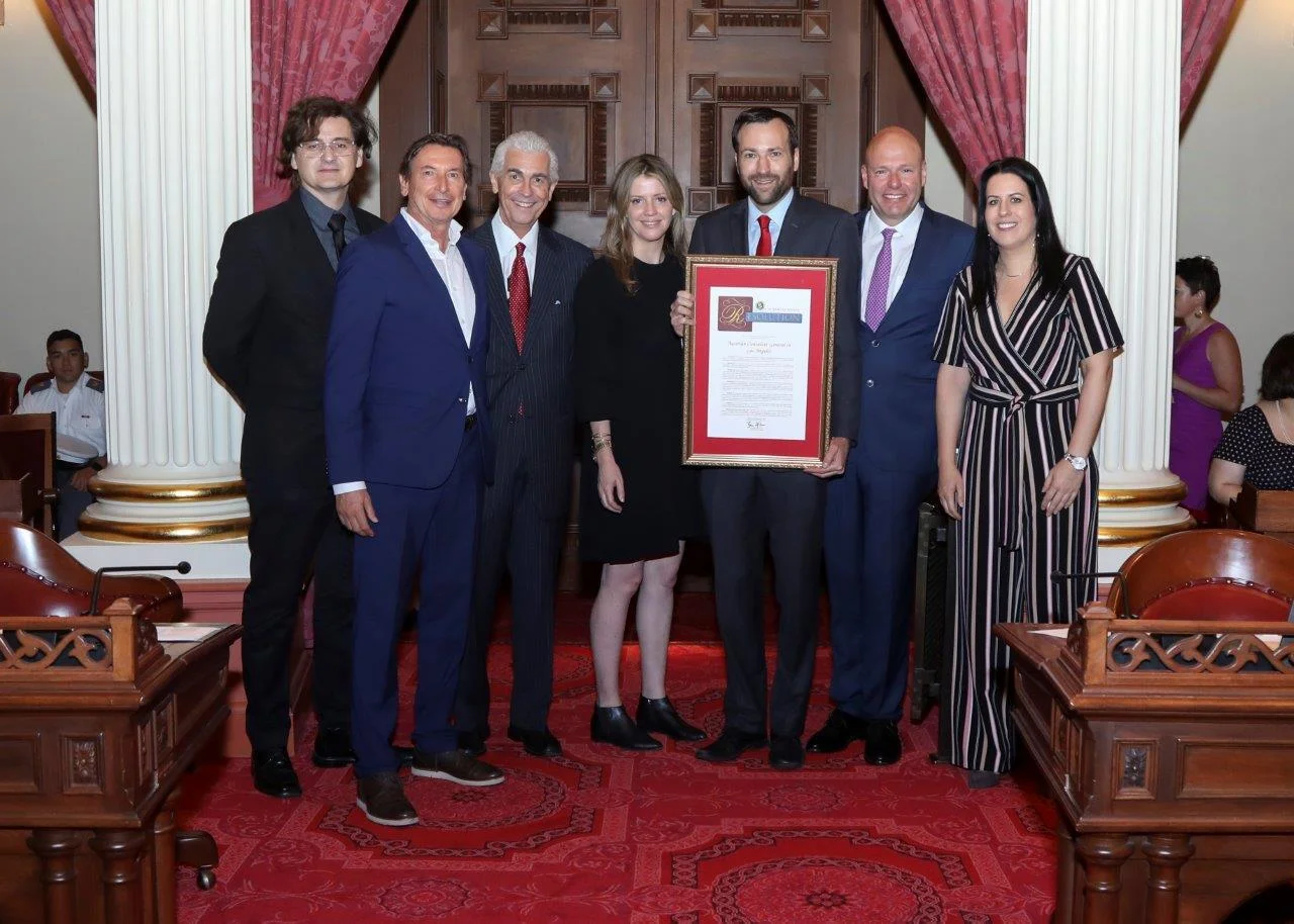from left: Axel Schmitzberger (Architect and Curator Anniversary Year); Trade Commissioner Walter Koren; Special Counsel to the Austrian Consulate General Dennis Fredricks; Director MAK Center Los Angeles Priscilla Fraser; Senator Ben Allen; Consul General Andreas Launer; Simone Bliss (Executive Assistant to the Consul General │Manager, Cultural Affairs)