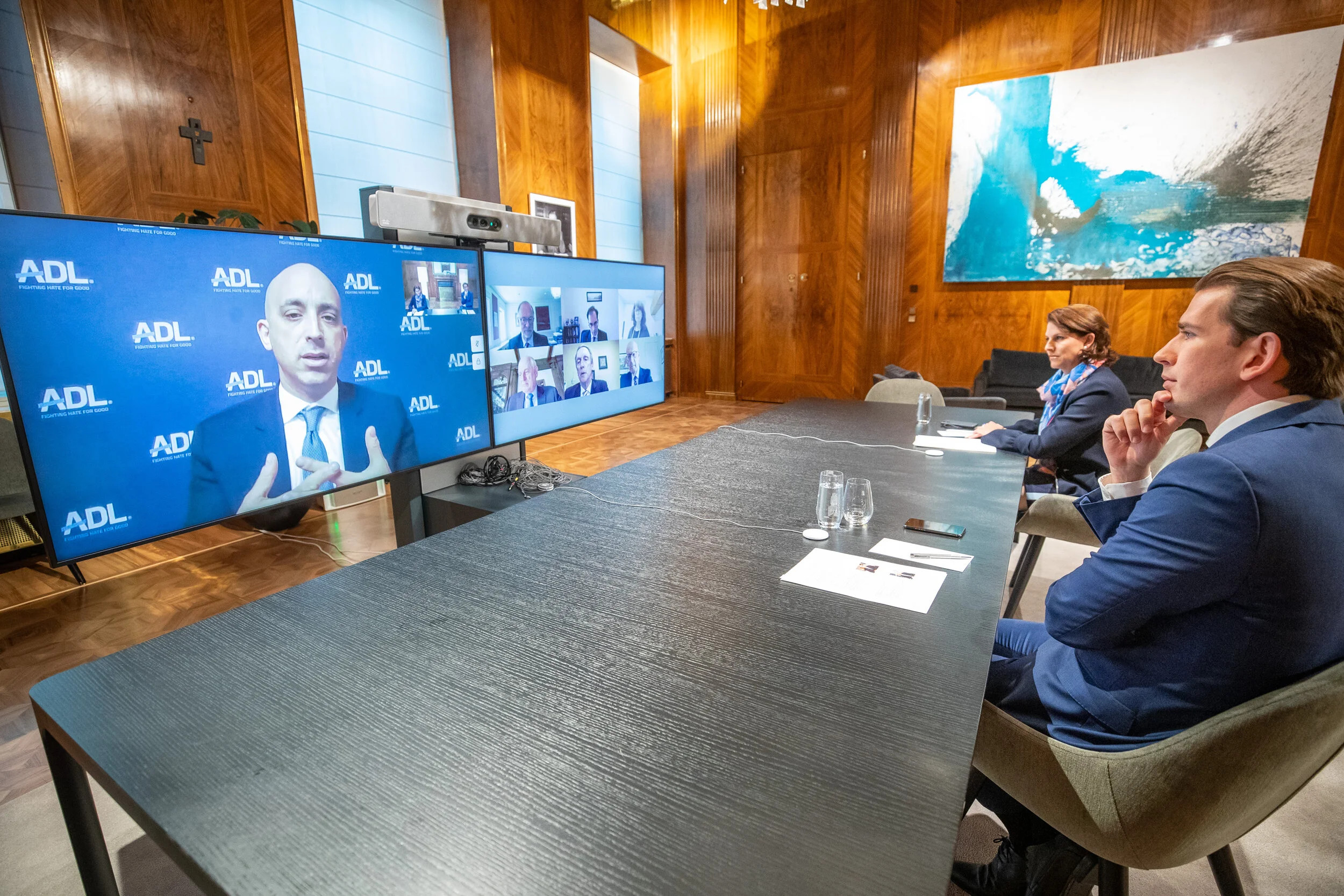 ADL CEO Jonathan Greenblatt in conversation with Chancellor Sebastian Kurz and Minister Karoline Edtstadler.