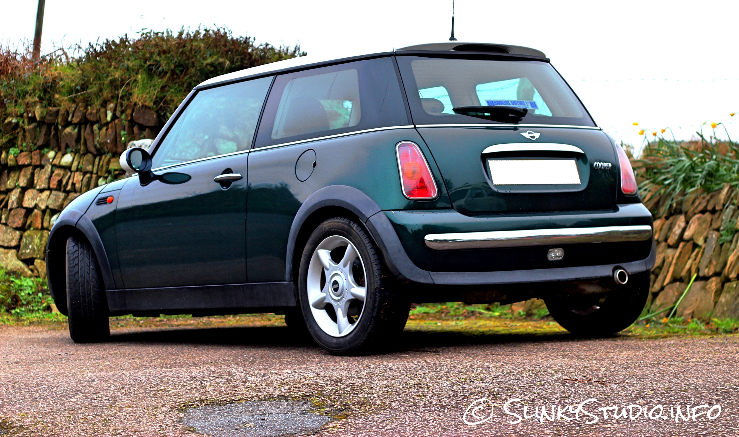 British Racing Green MINI Cooper White Roof Rear.jpg