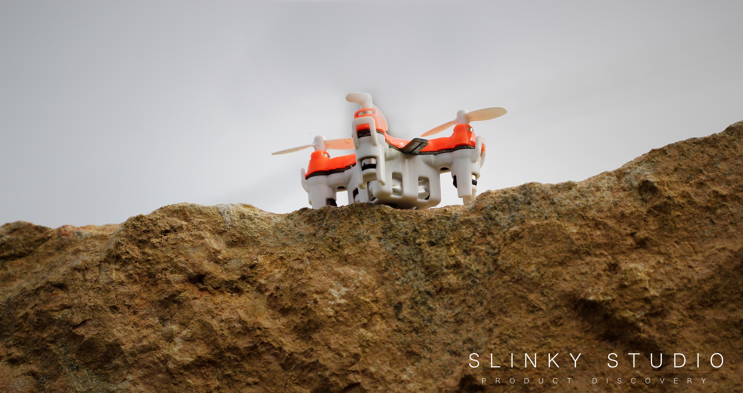 BuzzBee Nano Drone Holding Landed on Rock Looking up at sky.jpg