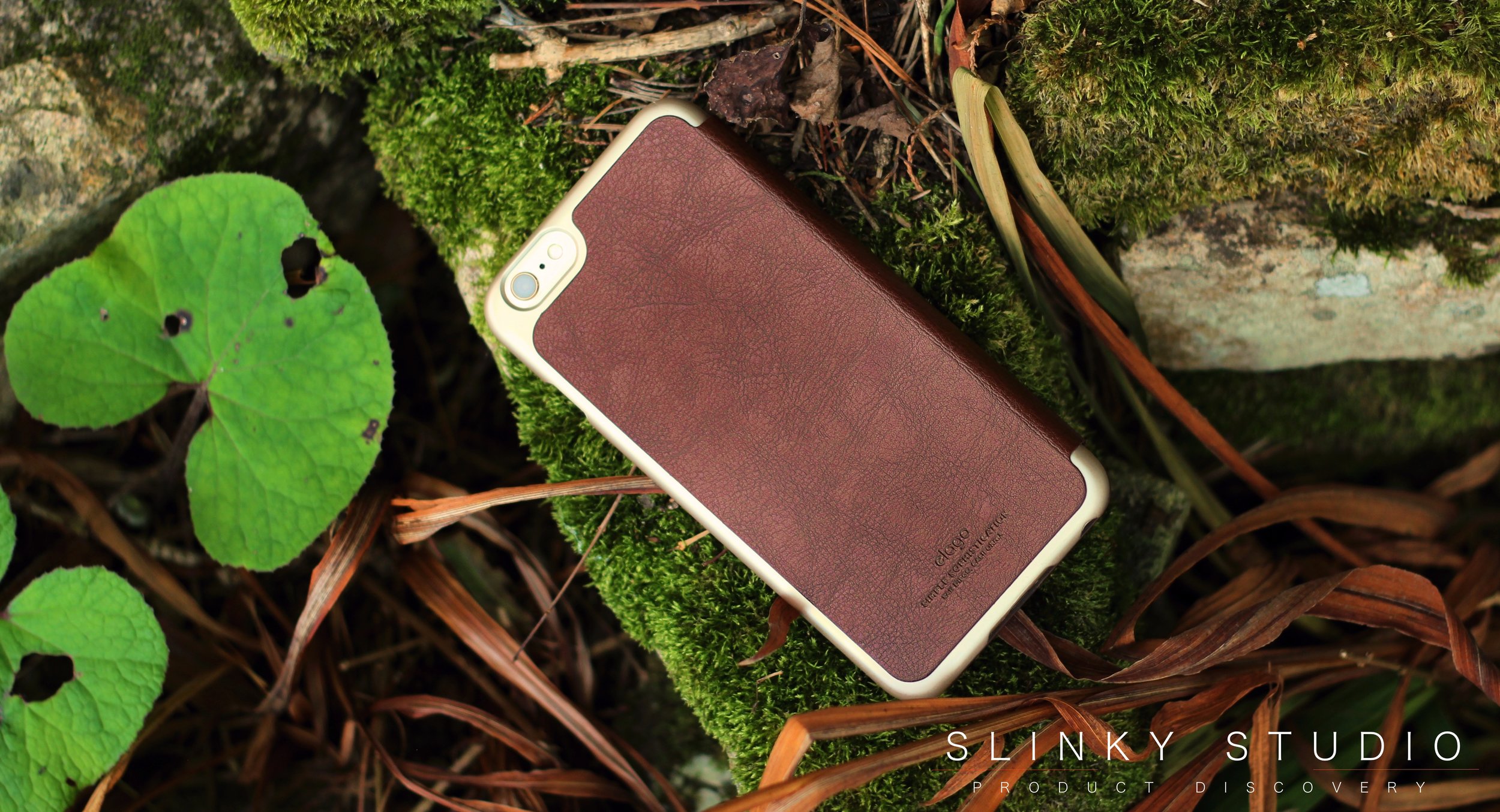 Elago Leather Flip Case for iPhone 6:6s Plus Rear View Lying in Autumnal Scenery.jpg