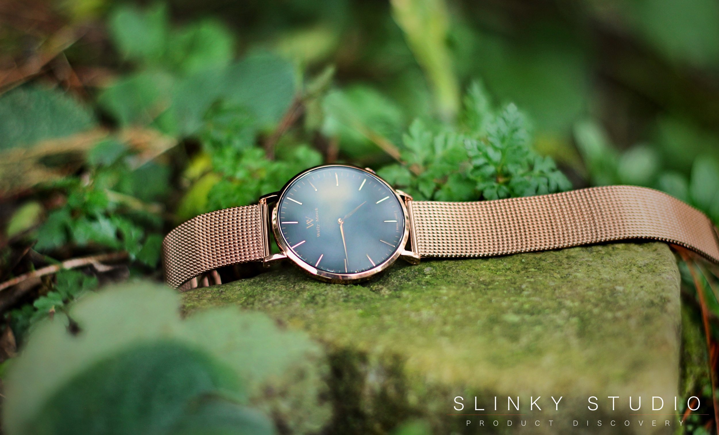Welly Merck Classic Zurich Watch Rose Gold Resting on Rock Outdoors.jpg