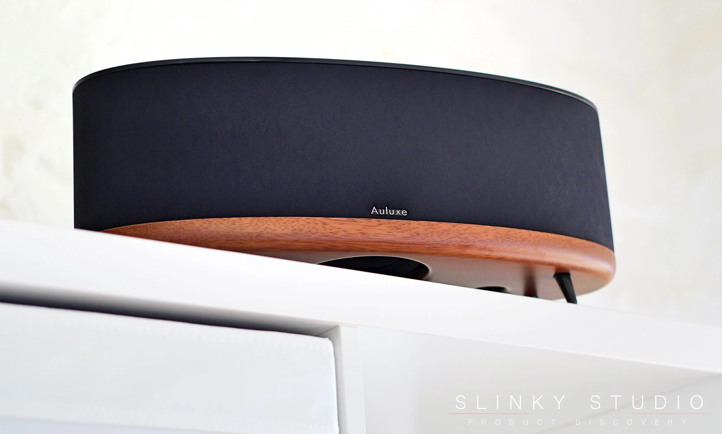 Auluxe Wave E3 Speaker Below View on white shelf.jpg