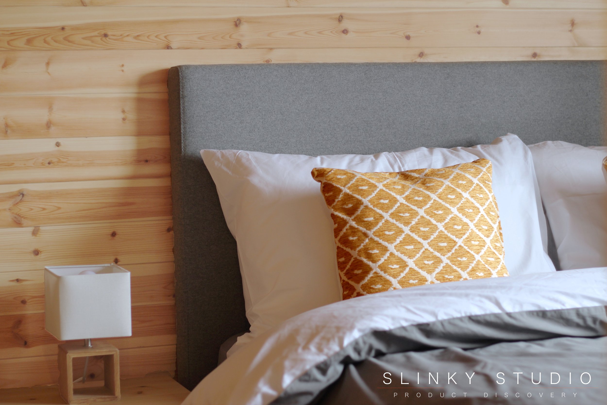eve Bed Frame Headboard Pillow in Scandi Wooden Cornwall Cabin Bedroom.jpg
