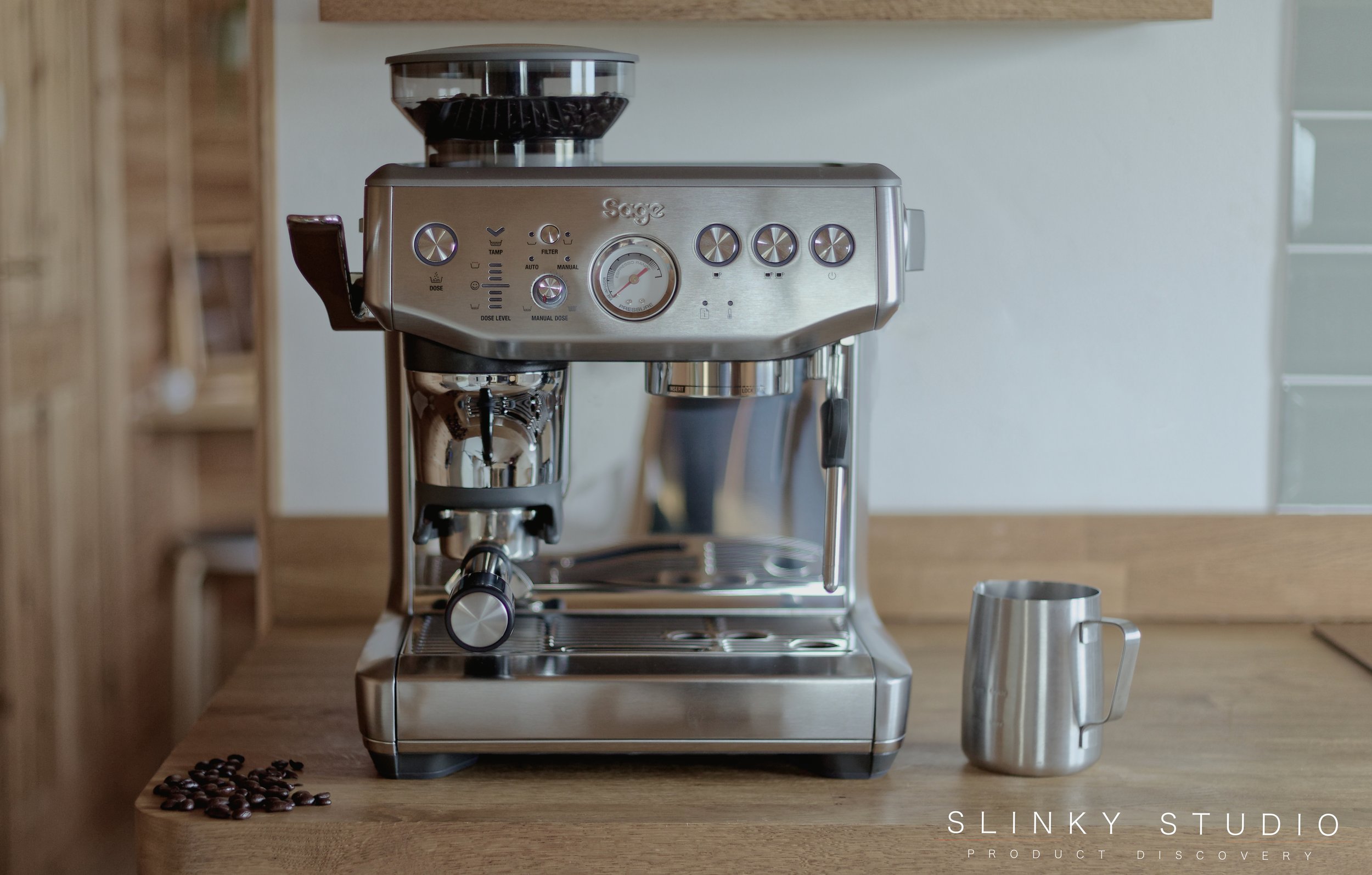 Sage Barista Express Impress Front View on oak Worktop in Scandi Shaker Kitchen.jpg