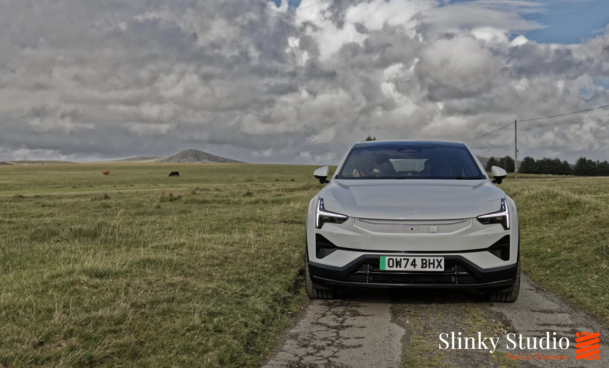 Polestar 3 SUV Head on Front View in Snow White Colour Cornwall Bodmin Moorland.jpg