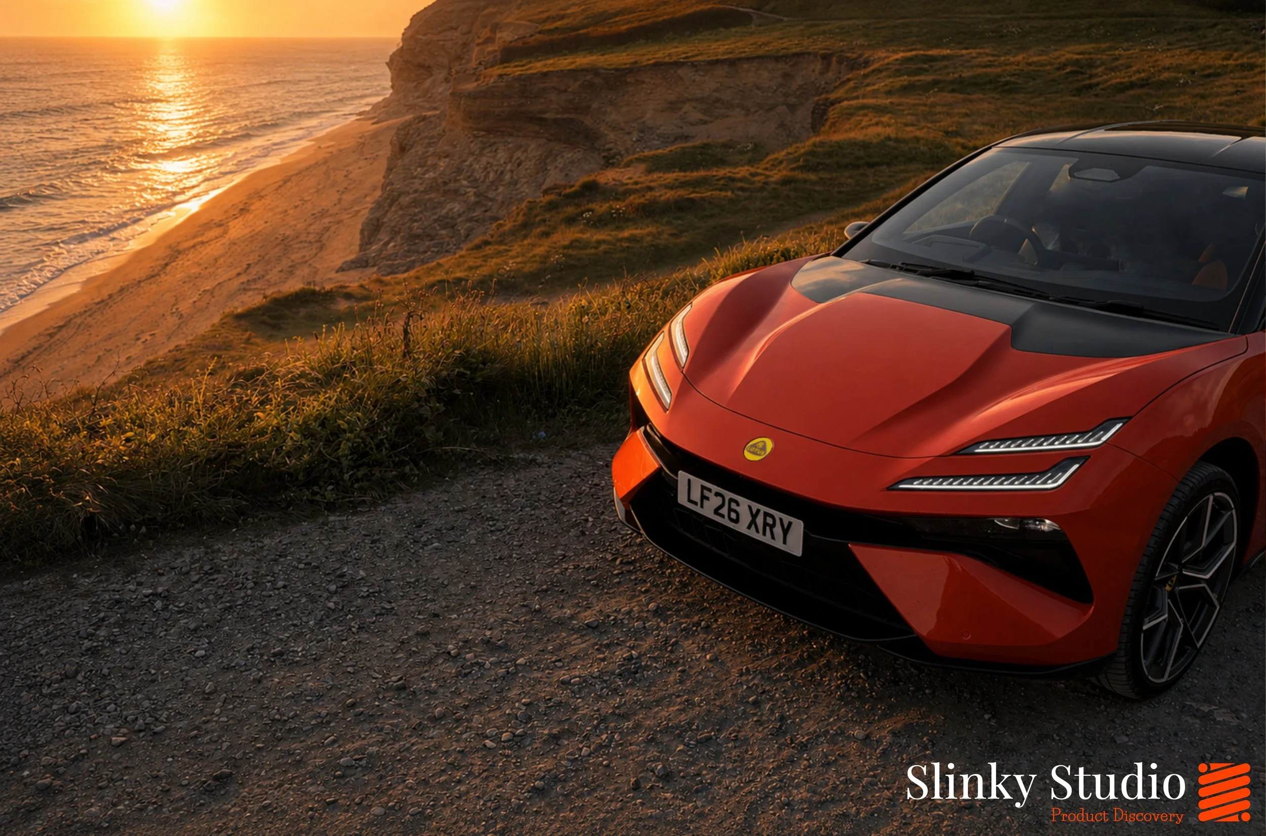 Lotus Emeya Fireglow Orange Front Hood Bonnet Close Up Above View Sunset in Cornwall.jpg