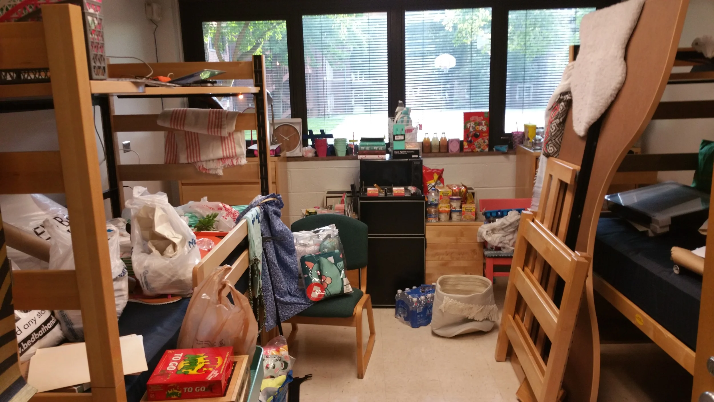 Thankfully, we were able to have two dorm rooms for this shoot - one for staging props and decor, and another for shooting and styling. Here's our staging room on day 1.
