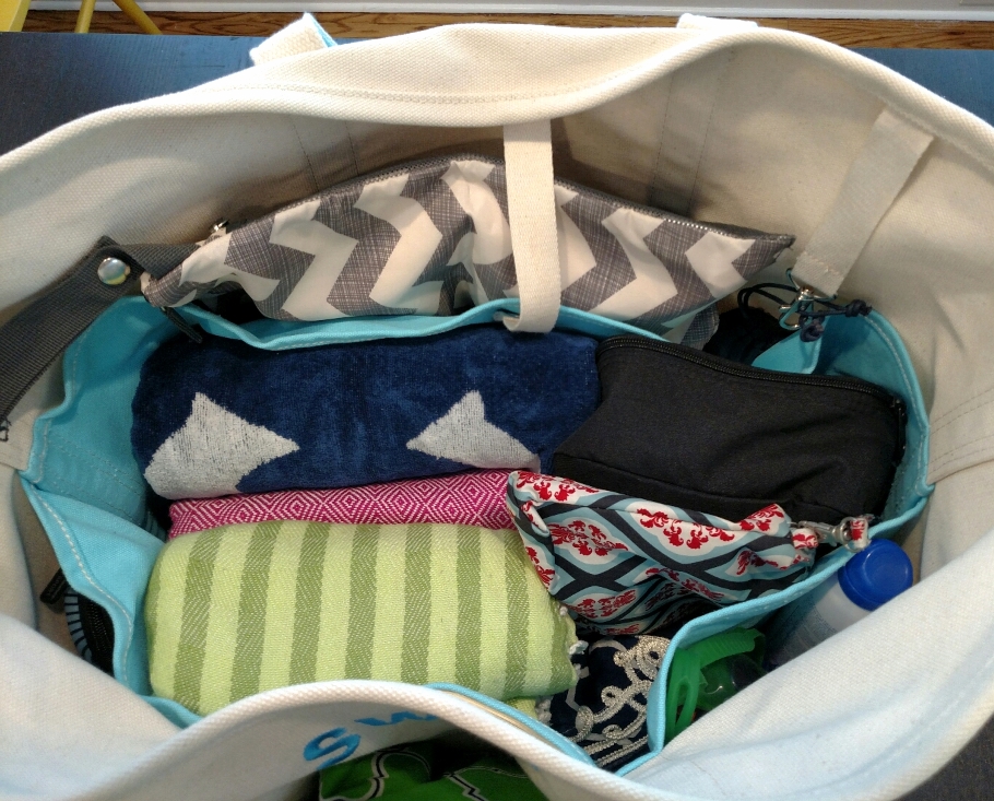 Swim bag, packed! All but the toy bag which gets thrown on top.