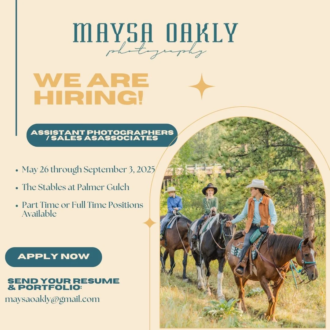 A fantastic summer job opportunity!! Located in the beautiful Black Hills of South Dakota! This is my 10th year photographing at The Stables at Palmer Gulch and I'm looking to hire two gals to work alongside me! Have any questions or want to apply? E