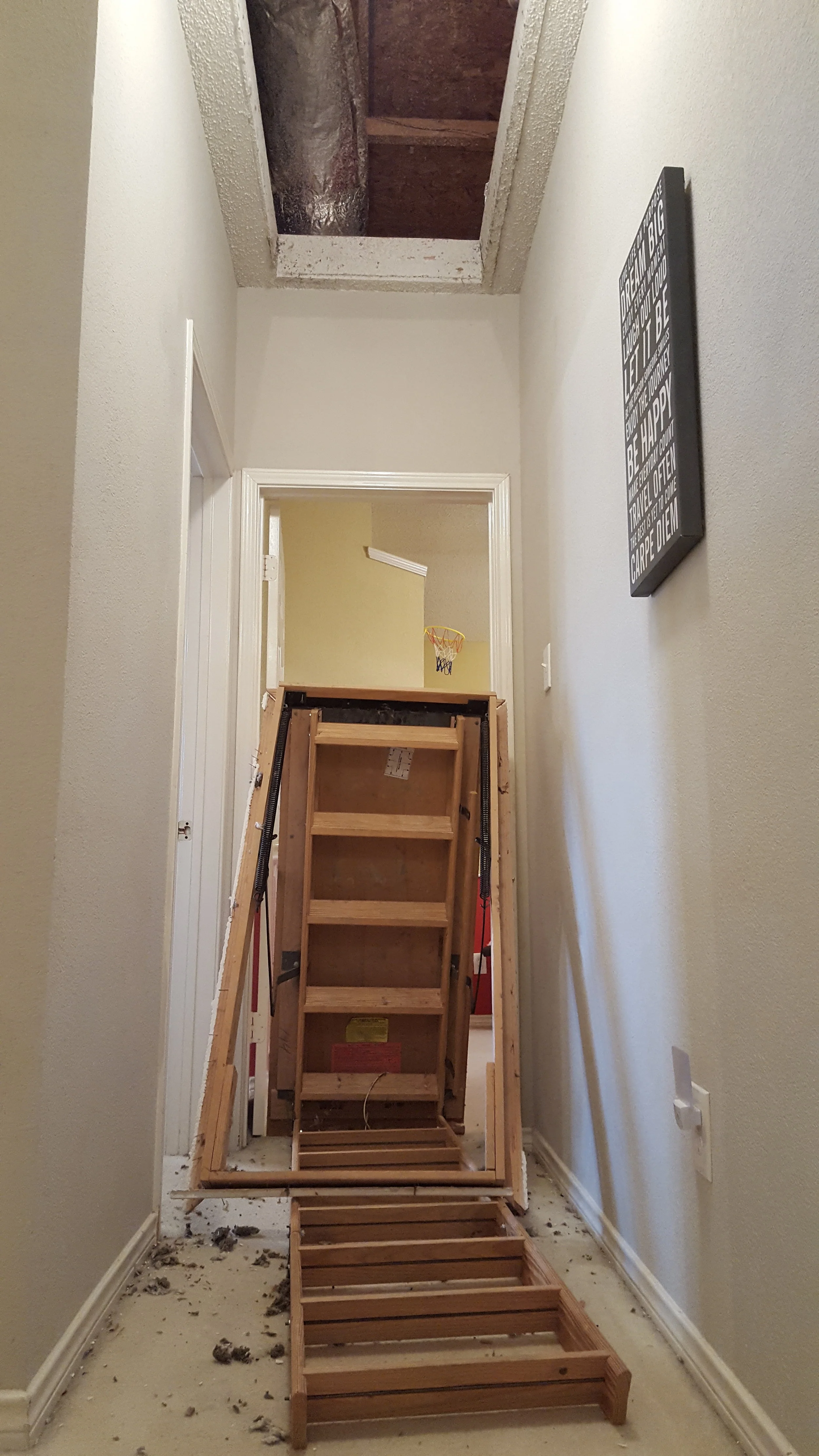 Attic access pull down staircase collapsed during inspection: here is a great example to why it is important to hire a qualified contractor for all jobs. ( potential fatal injuries to my clients were avoided )
