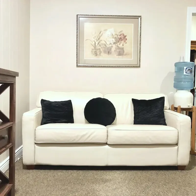 white couch with dark cushions