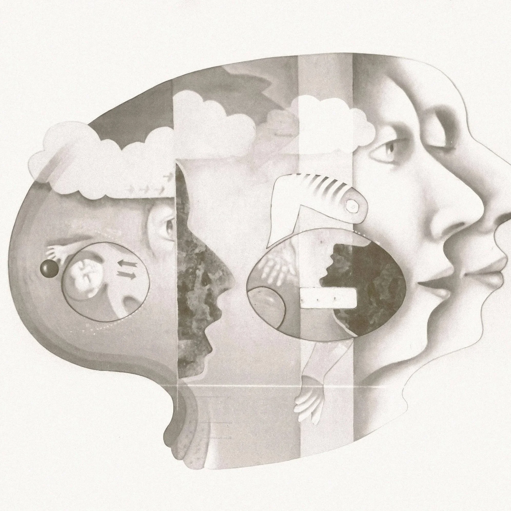Illustration of two faces in profile with different illustrations of various items inside the heads.
