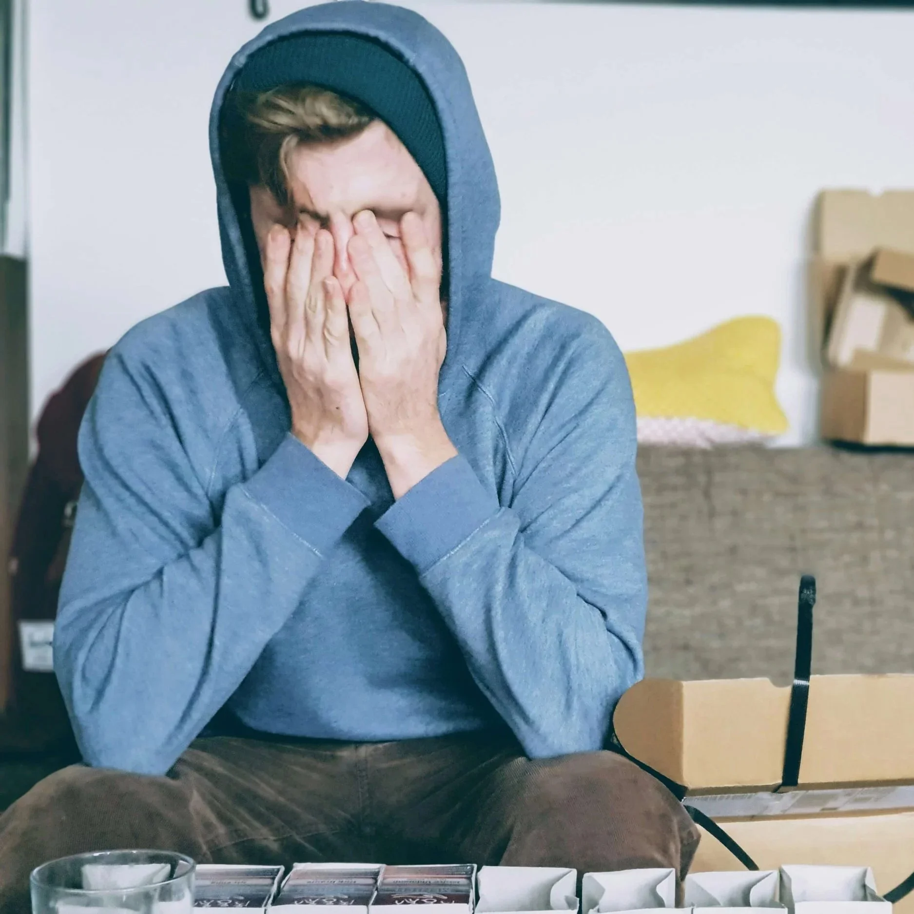 Man wearing blue hooded sweatshirt sitting with hands over eyes.