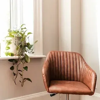 Empty chair by window with a plant.