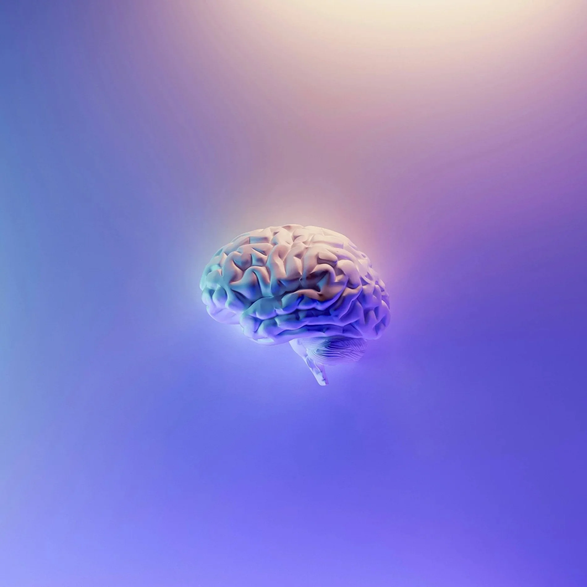 A human brain on a blue background with light above it.