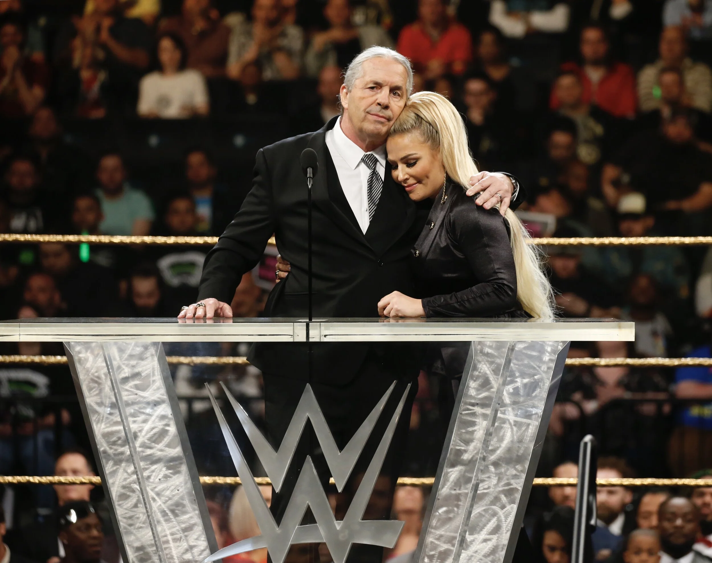  BROOKLYN, NY - APRIL 6: Brett the Hitman Hart and Nattie on behalf of her father Anvil during WWE Hall of Fame inductions on April 6, 2019 at Barclays Center in Brooklyn, (Photo by Michelle Farsi) 