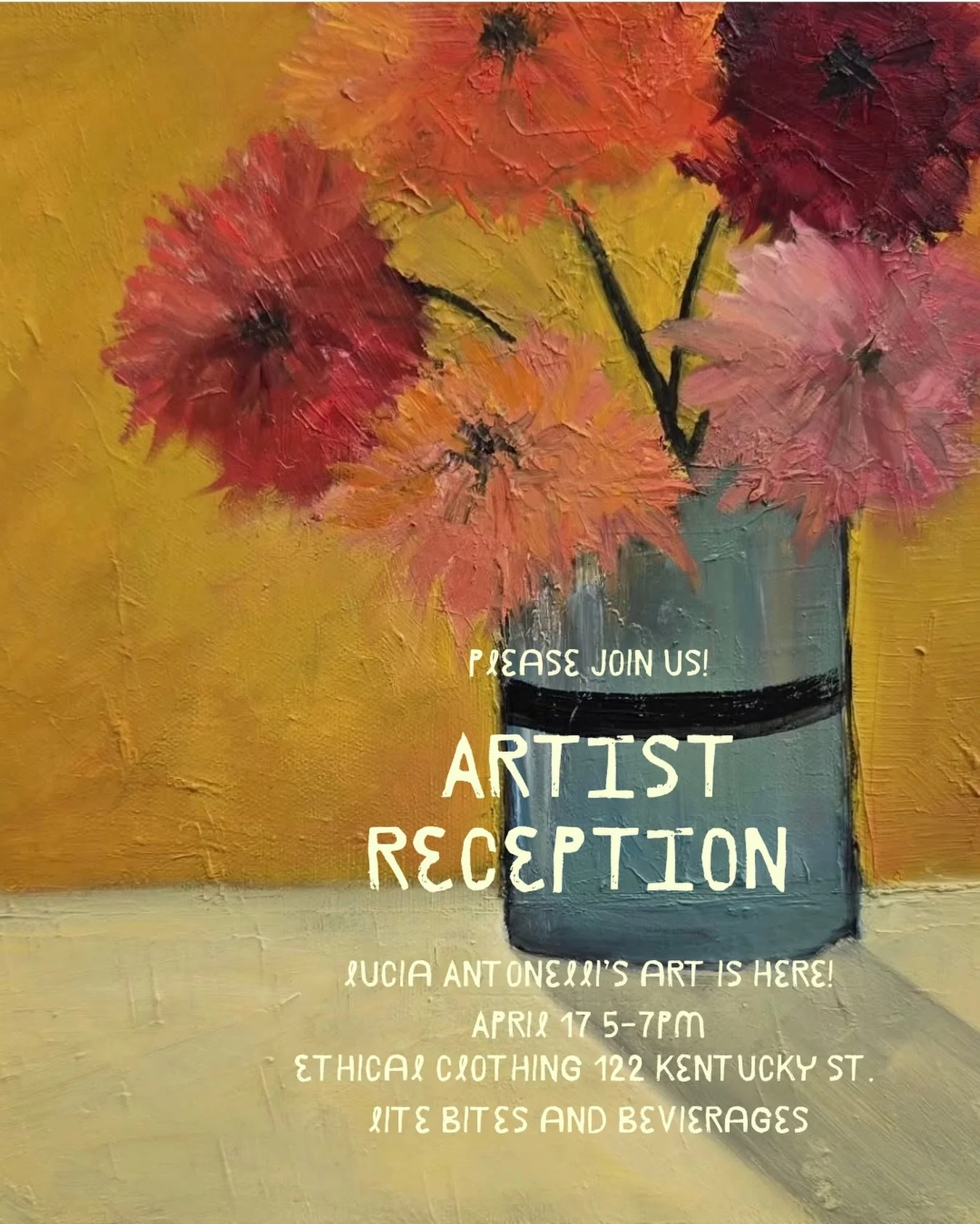 TOMORROW!!! You are invited to an artist reception at Ethical Clothing, Downtown Petaluma. Come meet the artist, Lucia Antonelli, and enjoy some lite bites and a glass of wine while you enjoy the beautiful artwork! 122 Kentucky St. 5-7 pm #downtownpe