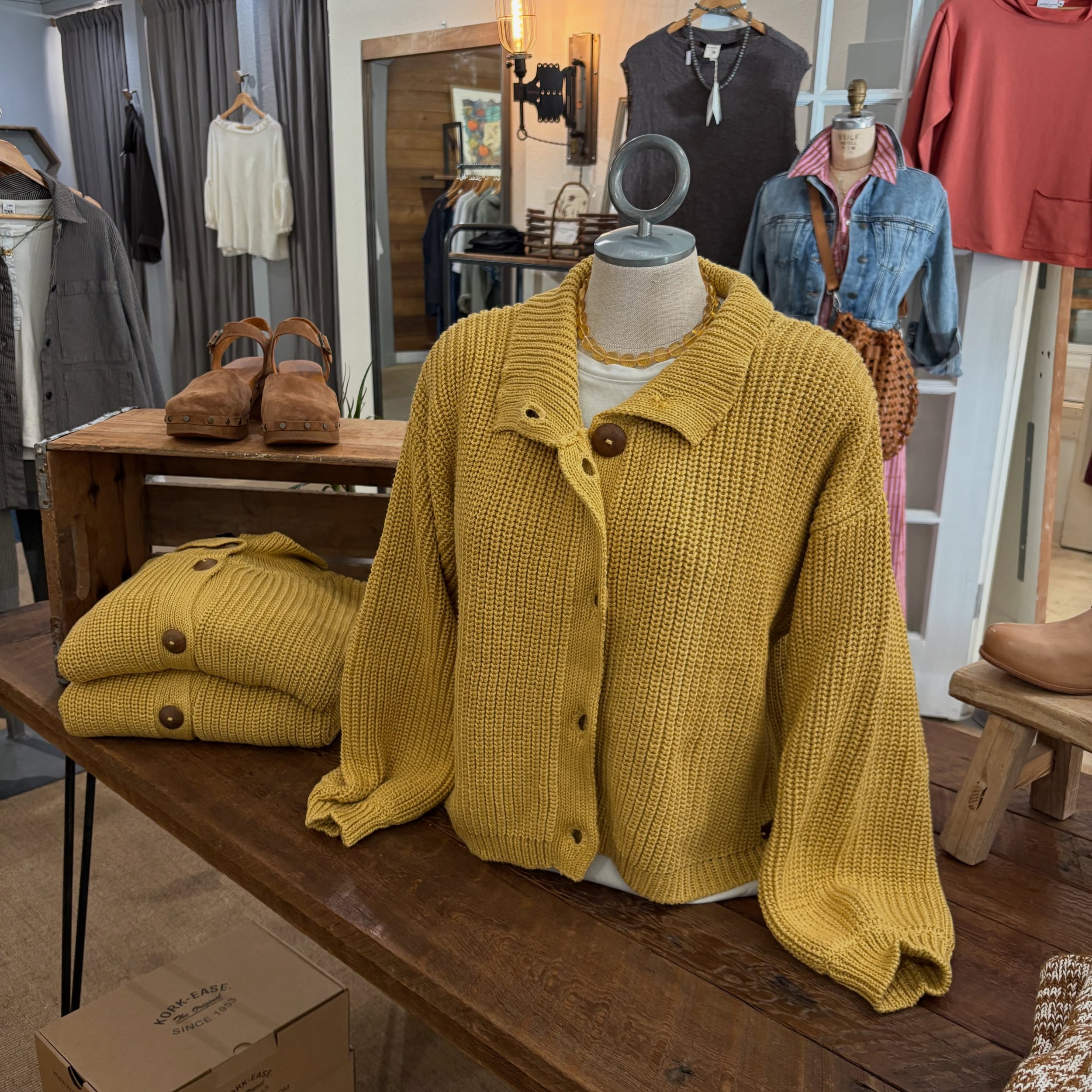 Saturday is for shopping 🛍️ 
100% cotton hand-knit cardigans by Shannon Passero. 
#scenesfromaroundtheshop #fairtradefashion #cottoncardigan #fall2026 #shoppetaluma