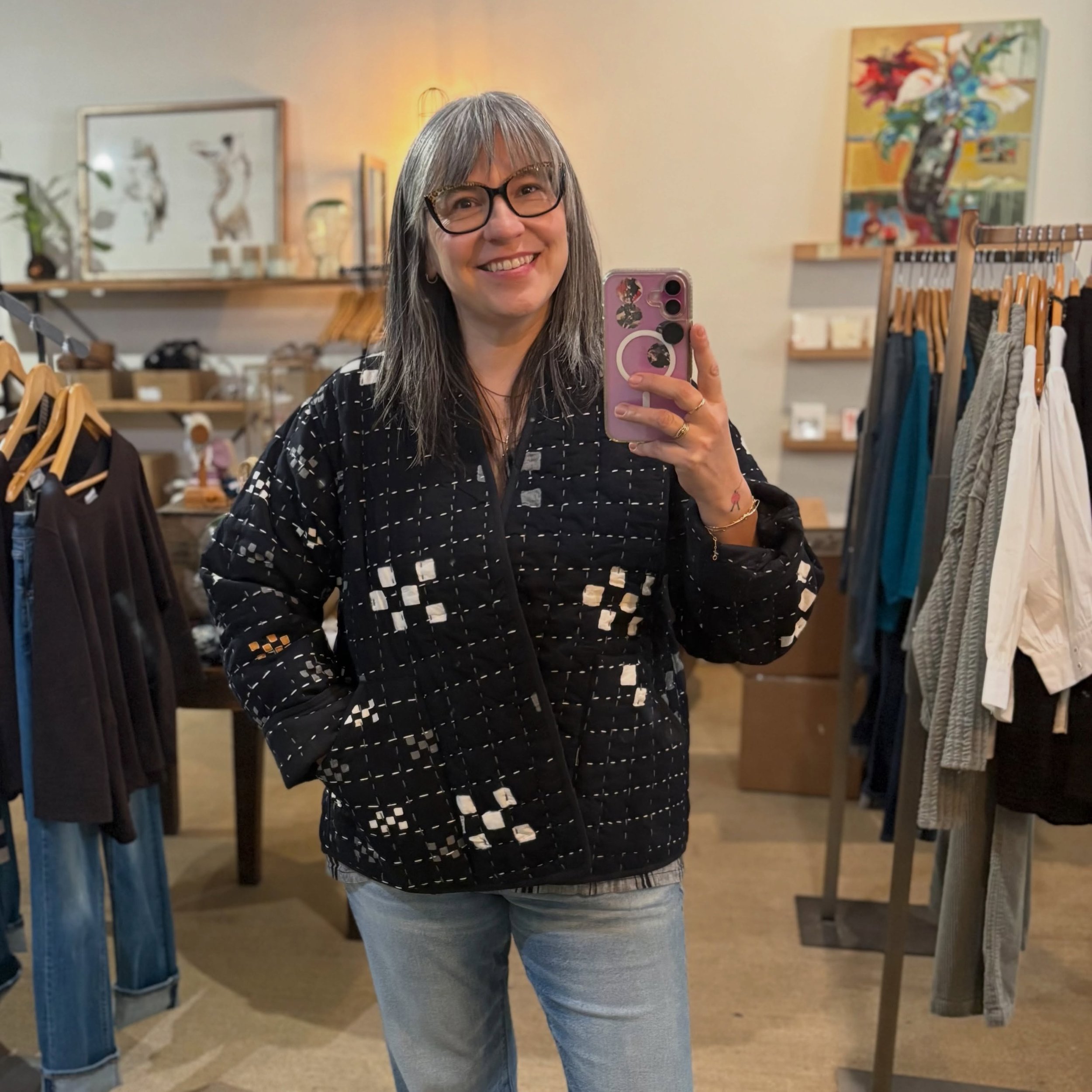 Can you see the joy on my face!?! When the days get shorter, and the temps get cooler, and quilted jackets start showing up at my shop-that's when I am my happiest self! This reversible quilted jacket by Yaza has arrived...along with several other fa