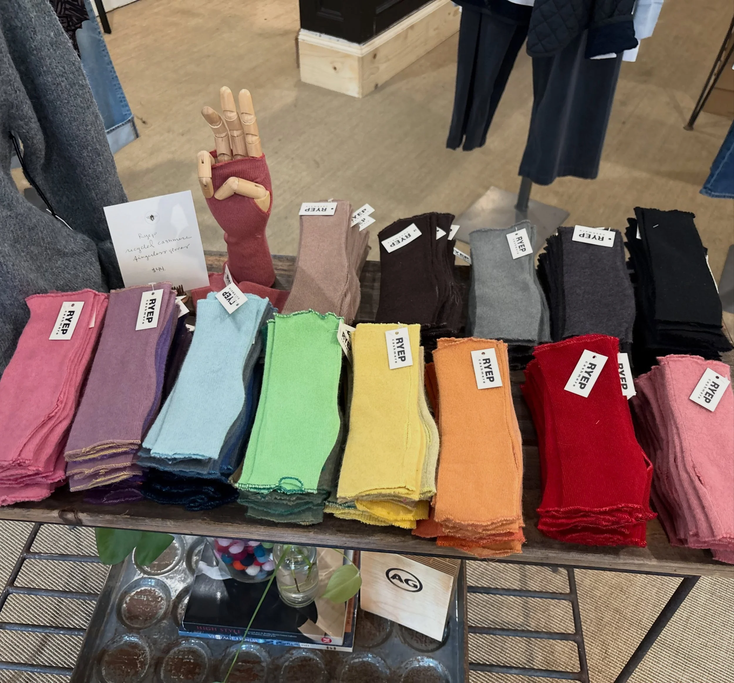 Still a shop favorite after all these years-RYEP recycled cashmere fingerless gloves and beanies. Locally sourced, owned, operated, cut, dyed, and sewn. We sell over 200 of these every year! Don't wait or you might miss out on your favorite color! #r